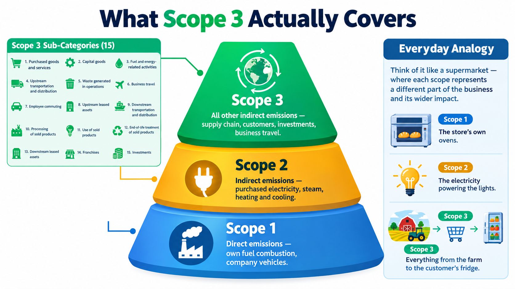 A diagram illustrating the three scopes of emissions, focusing on the components of Scope 3 emissions.