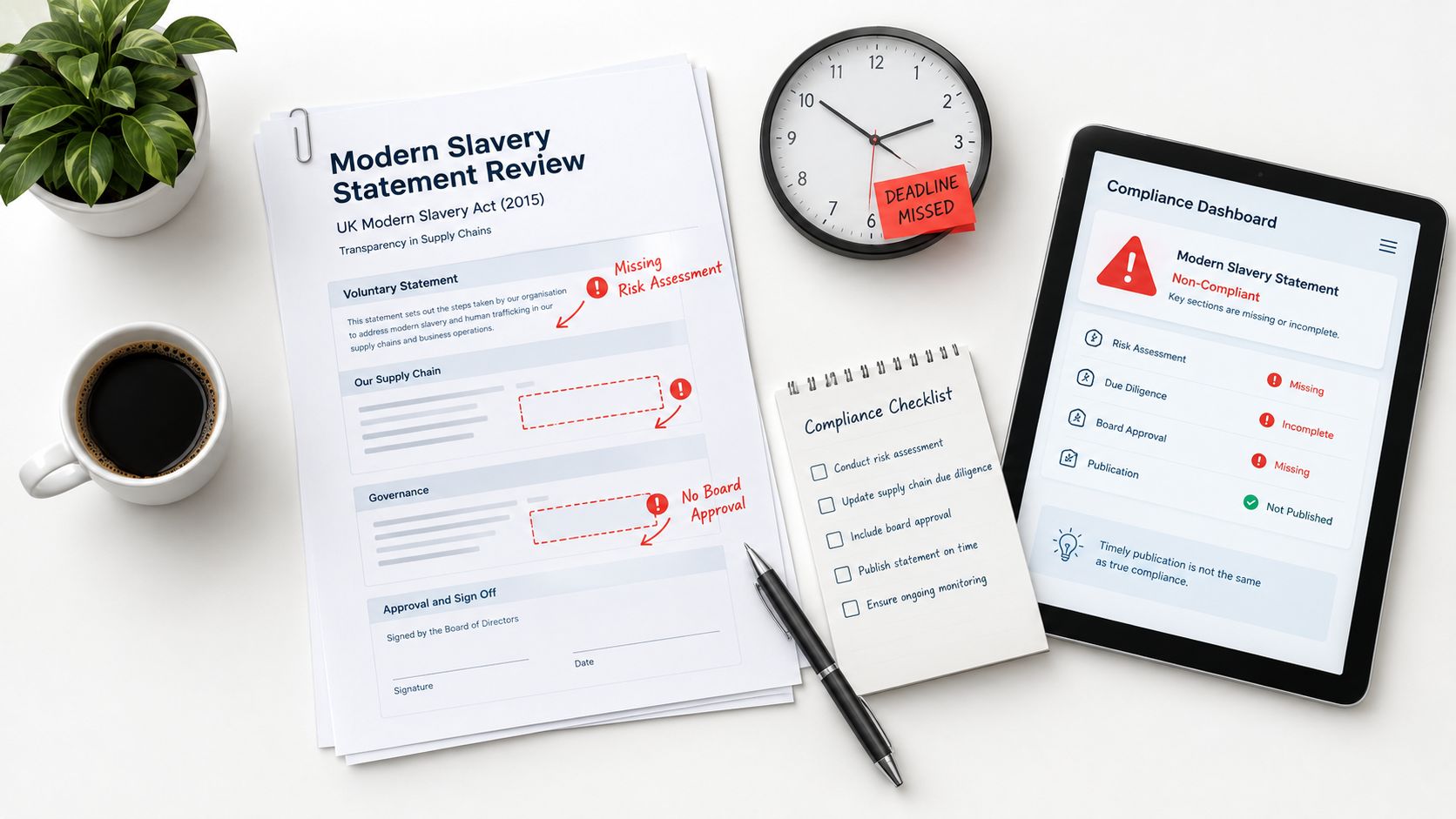 Compliance documentation and a tablet displaying non-compliance with the UK Modern Slavery Act requirements on a desk.
