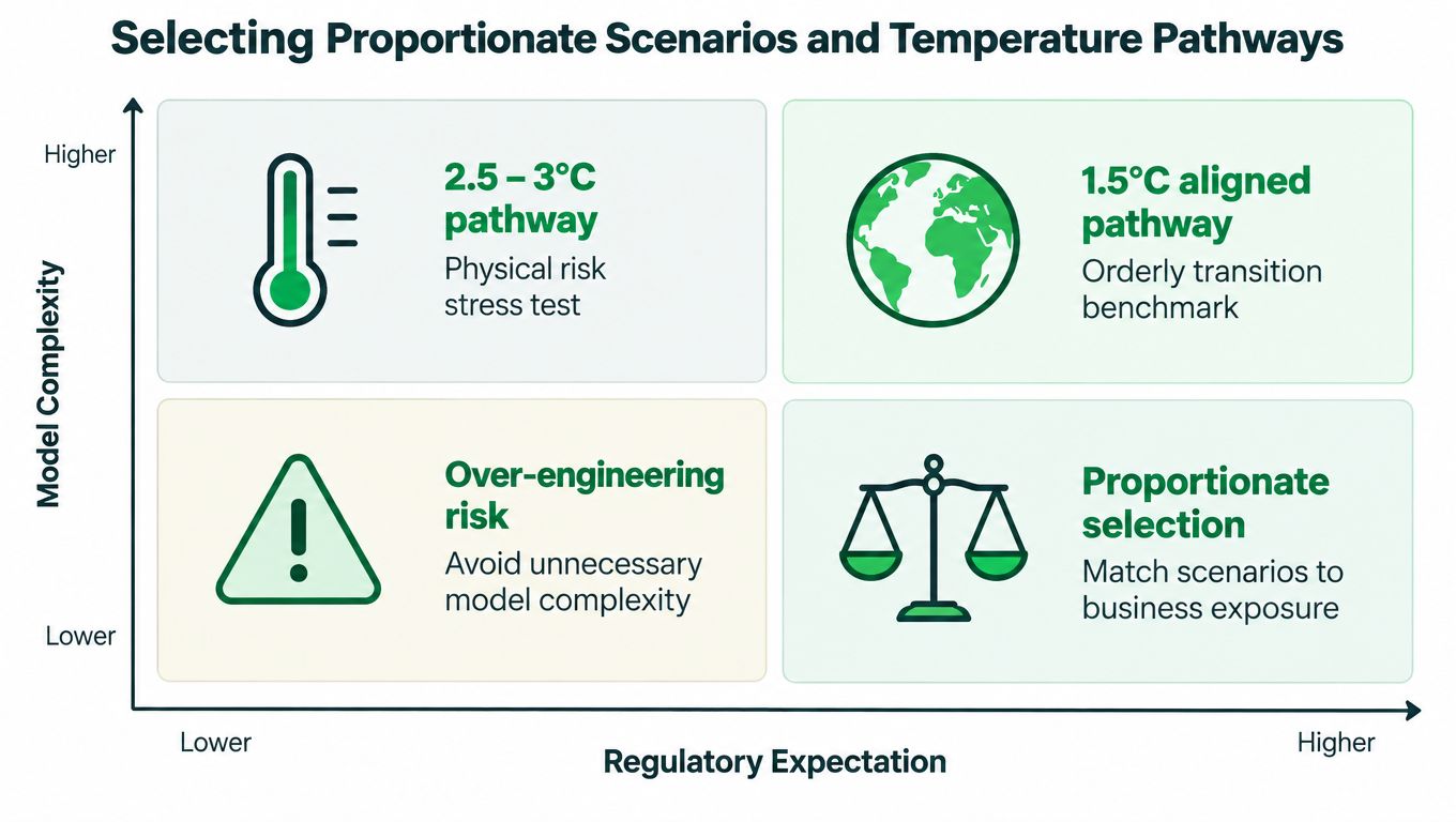A 2x2 matrix chart titled Selecting Proportionate Scenarios and Temperature Pathways, illustrating the balance between model complexity and regulatory expectations.
