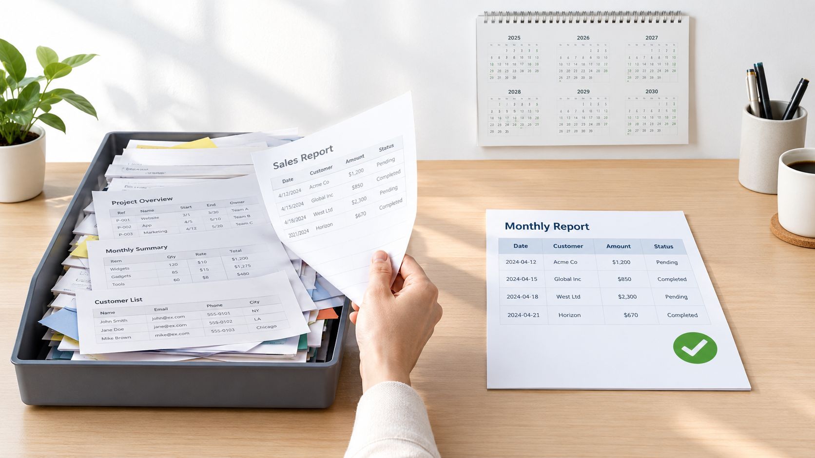 A person organizing business documents, sales reports, and a monthly report on a clean wooden office desk.