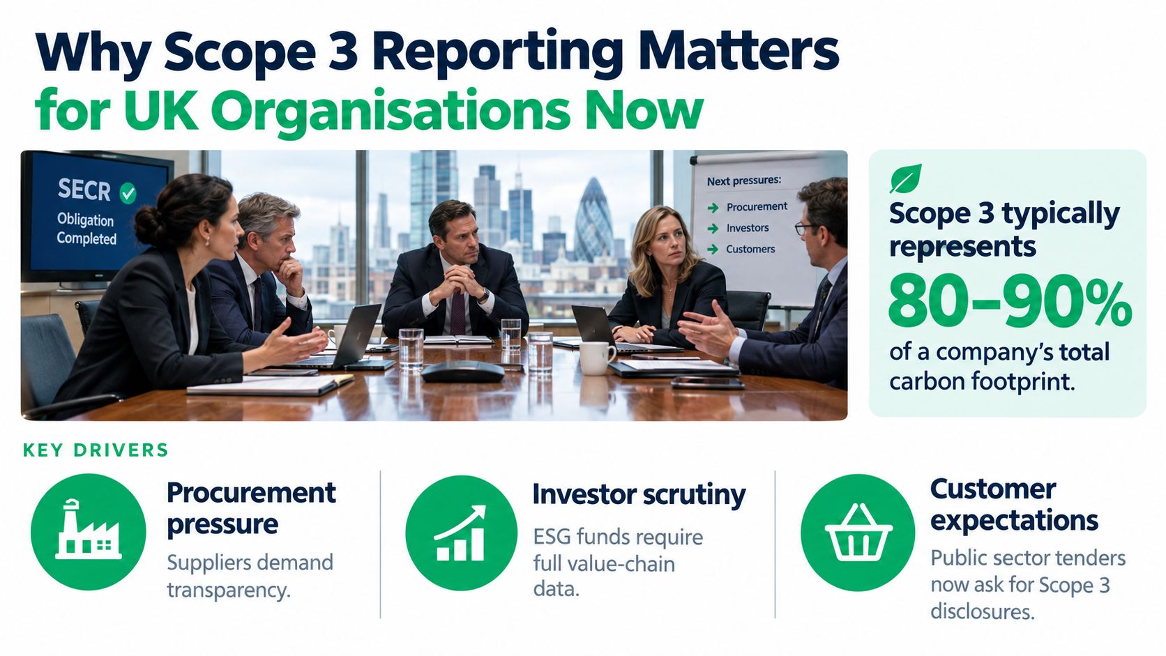 A professional business team discussing the importance of Scope 3 emissions reporting in a modern office.