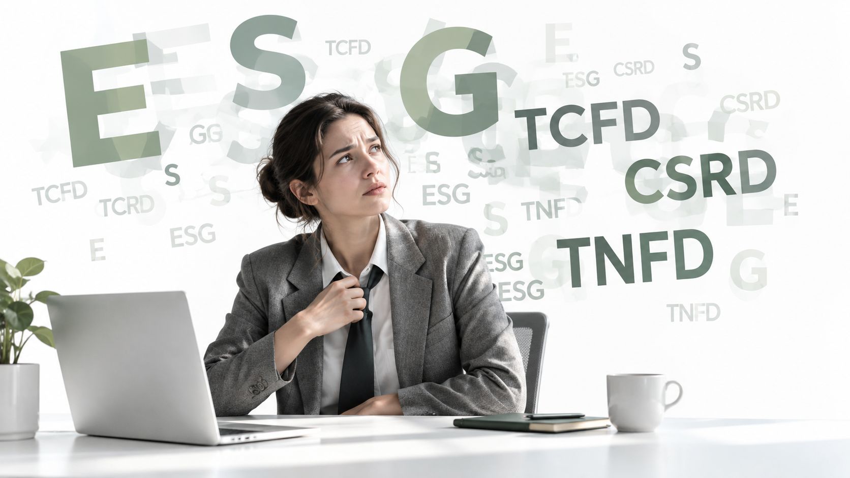 A stressed businesswoman in a suit overwhelmed by complex ESG, CSRD, and TNFD corporate reporting regulations.