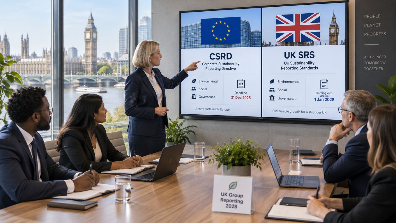 A professional woman presenting sustainability reporting standards to a diverse team in a boardroom overlooking London.
