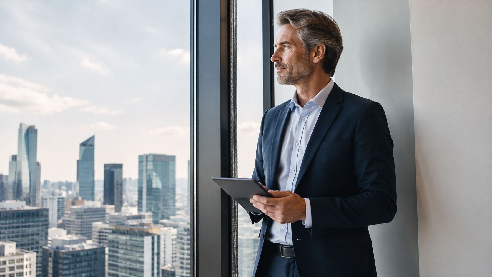 A professional businessman in a suit stands by a window looking out at a modern city skyline.