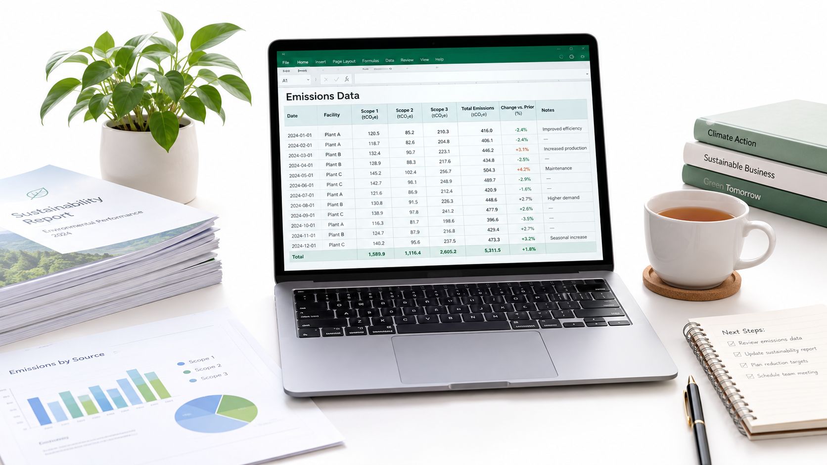 A clean office desk featuring a laptop showing emissions data, sustainability reports, a plant, and coffee.