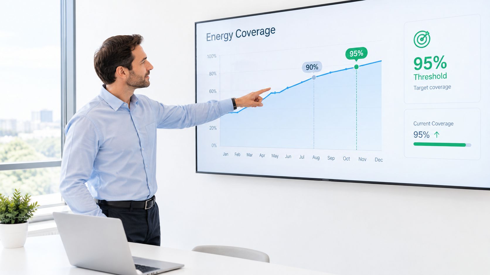 A professional man in a blue shirt pointing at an energy coverage chart on a presentation screen.