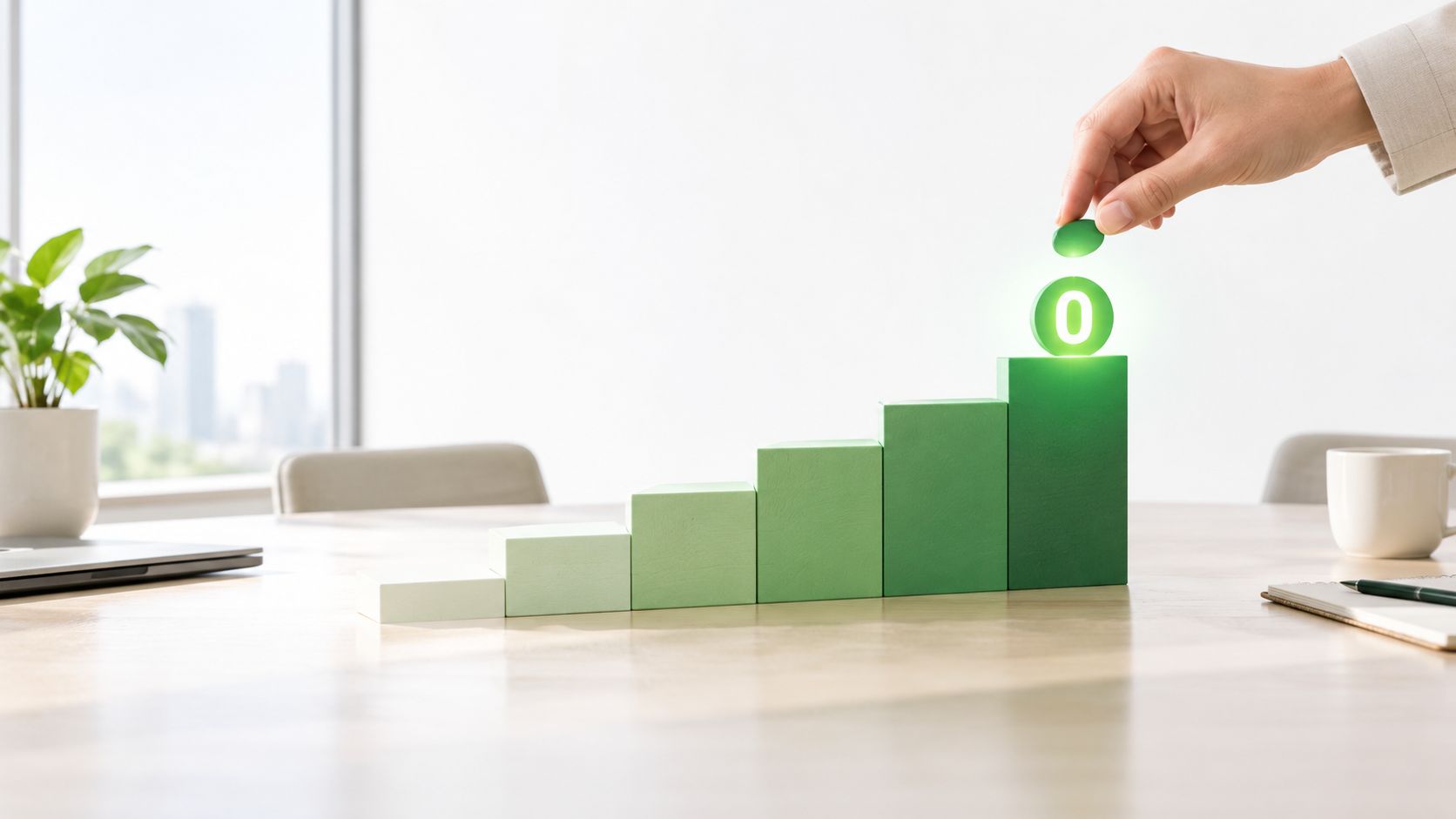 A hand placing a glowing zero symbol on top of a staircase of green blocks representing growth.