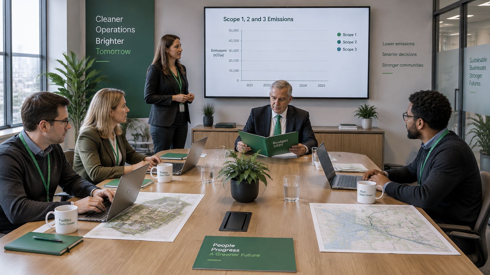 A professional team discussing sustainability and carbon emission goals in a corporate boardroom setting.