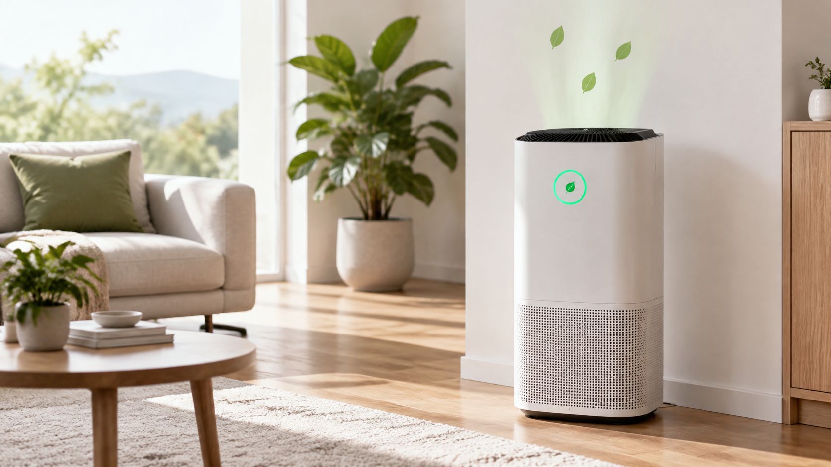 A modern white air purifier standing in a bright living room next to a green houseplant.