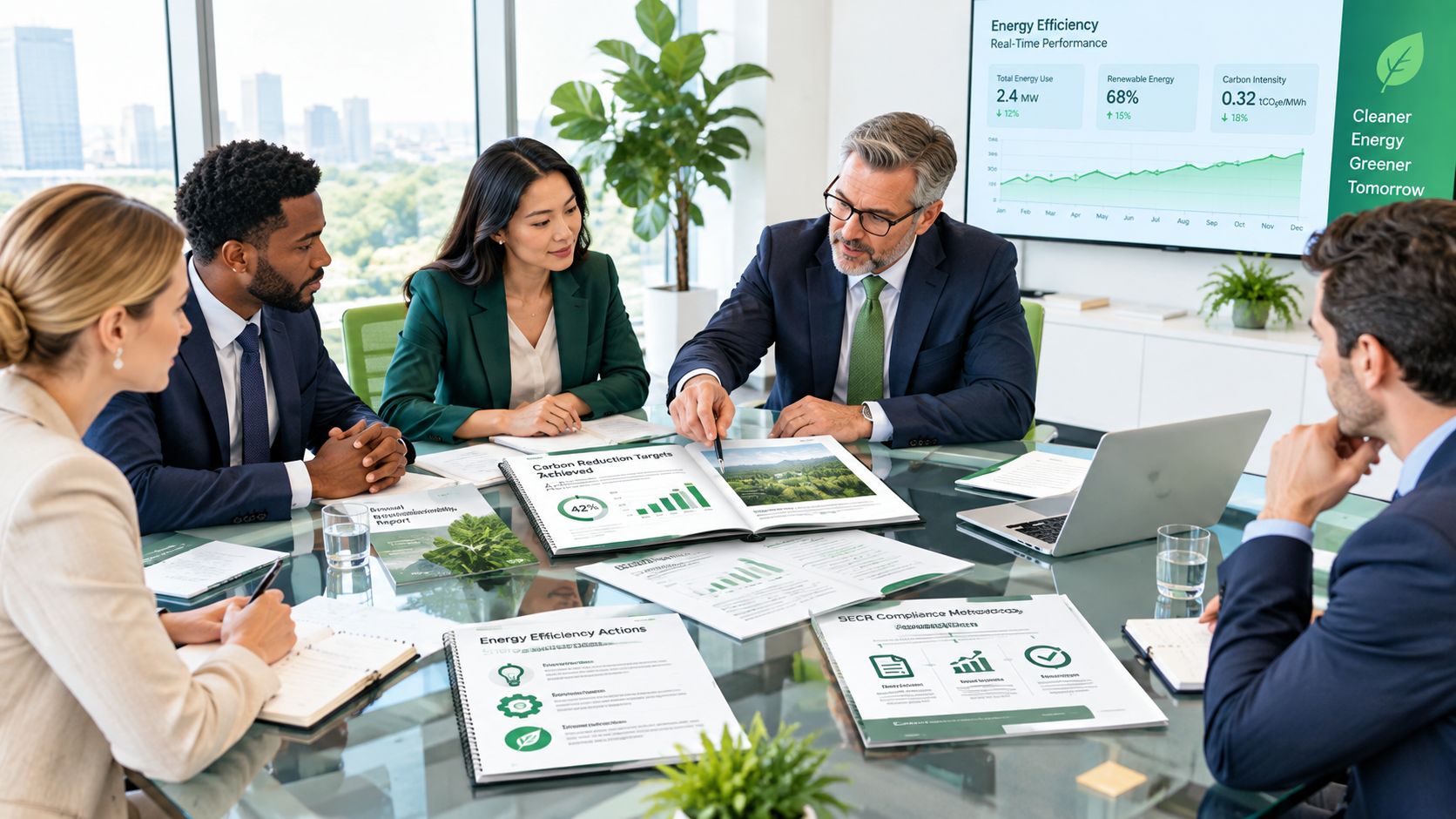 A diverse team of professionals holds a corporate meeting focused on sustainable energy and carbon reduction strategies.