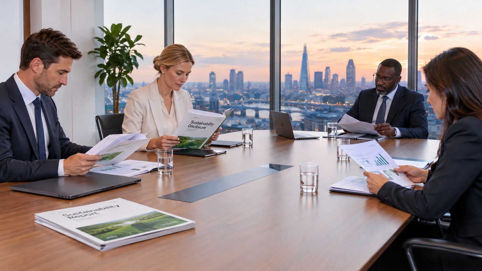 A diverse group of professionals reviewing sustainability reports in a modern boardroom overlooking a sunset cityscape.