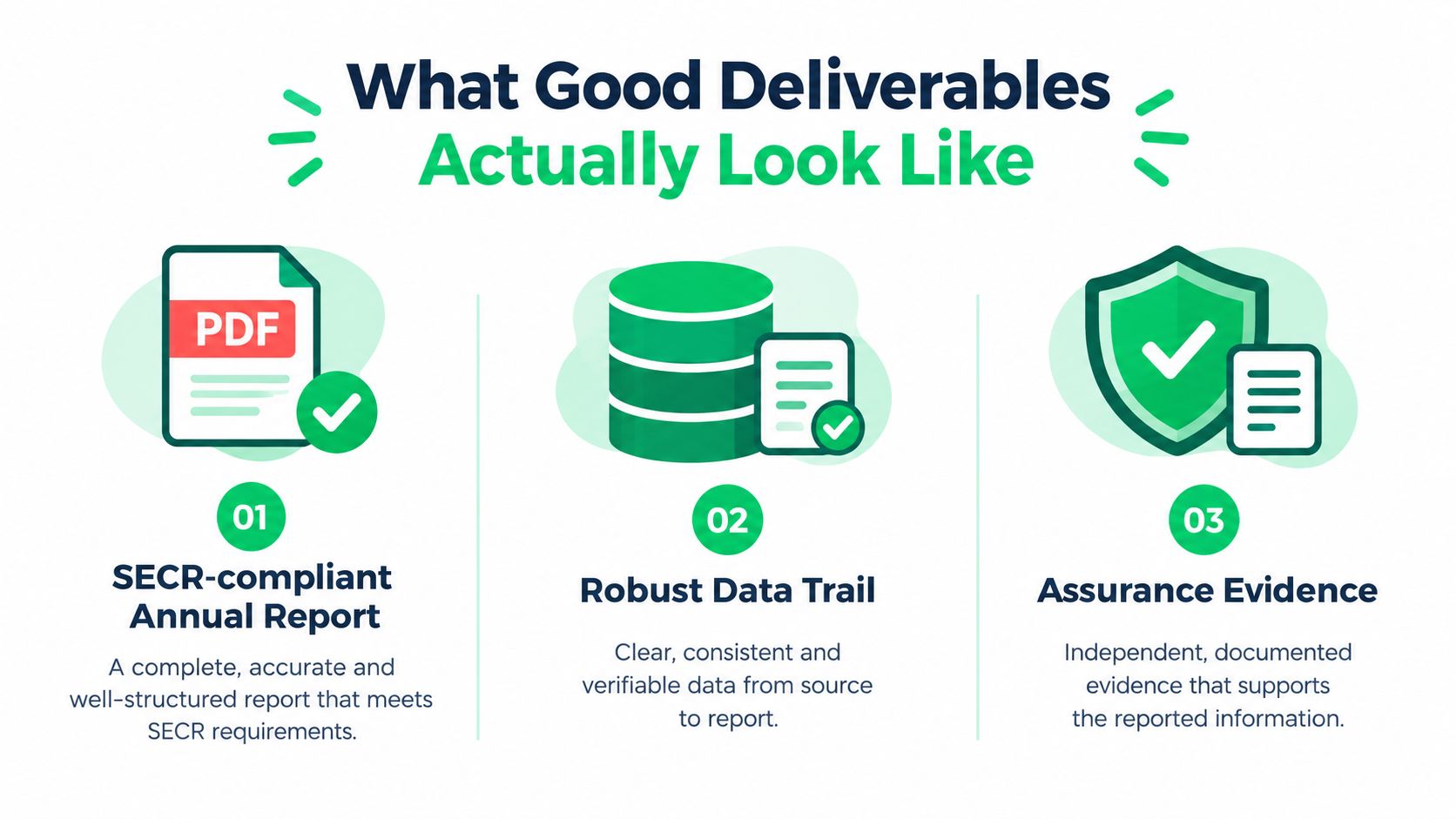 An infographic showing three essential components of SECR-compliant deliverables: an annual report, a data trail, and assurance evidence.