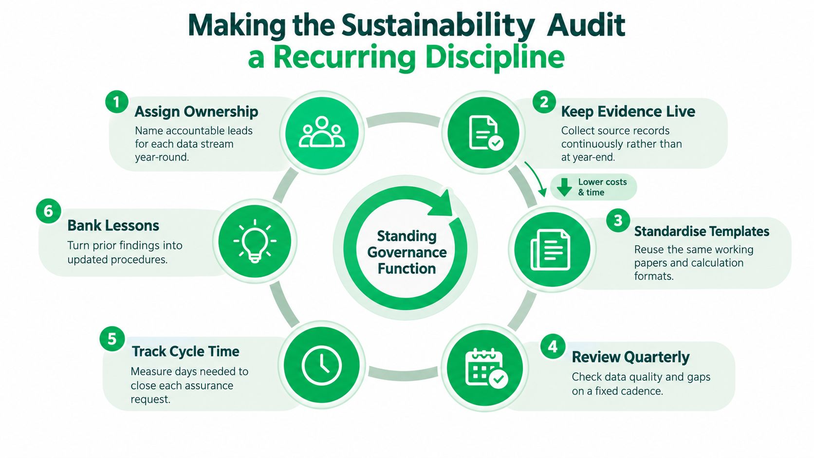 A circular infographic detailing six steps for making a sustainability audit a consistent and recurring business discipline.
