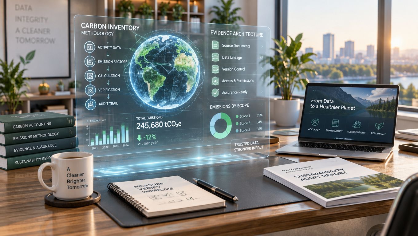 A digital holographic dashboard on a desk showcasing carbon inventory methodology, emissions data, and sustainability audit reports.