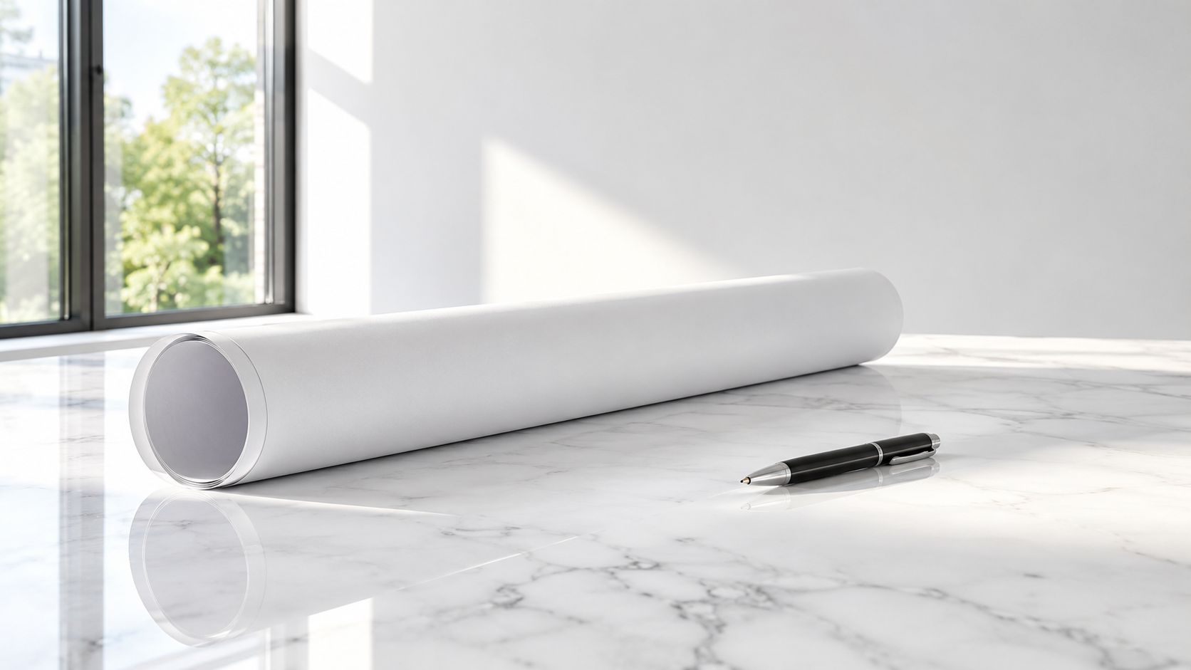 A blank white paper roll lies on a polished marble table next to a sleek black pen.