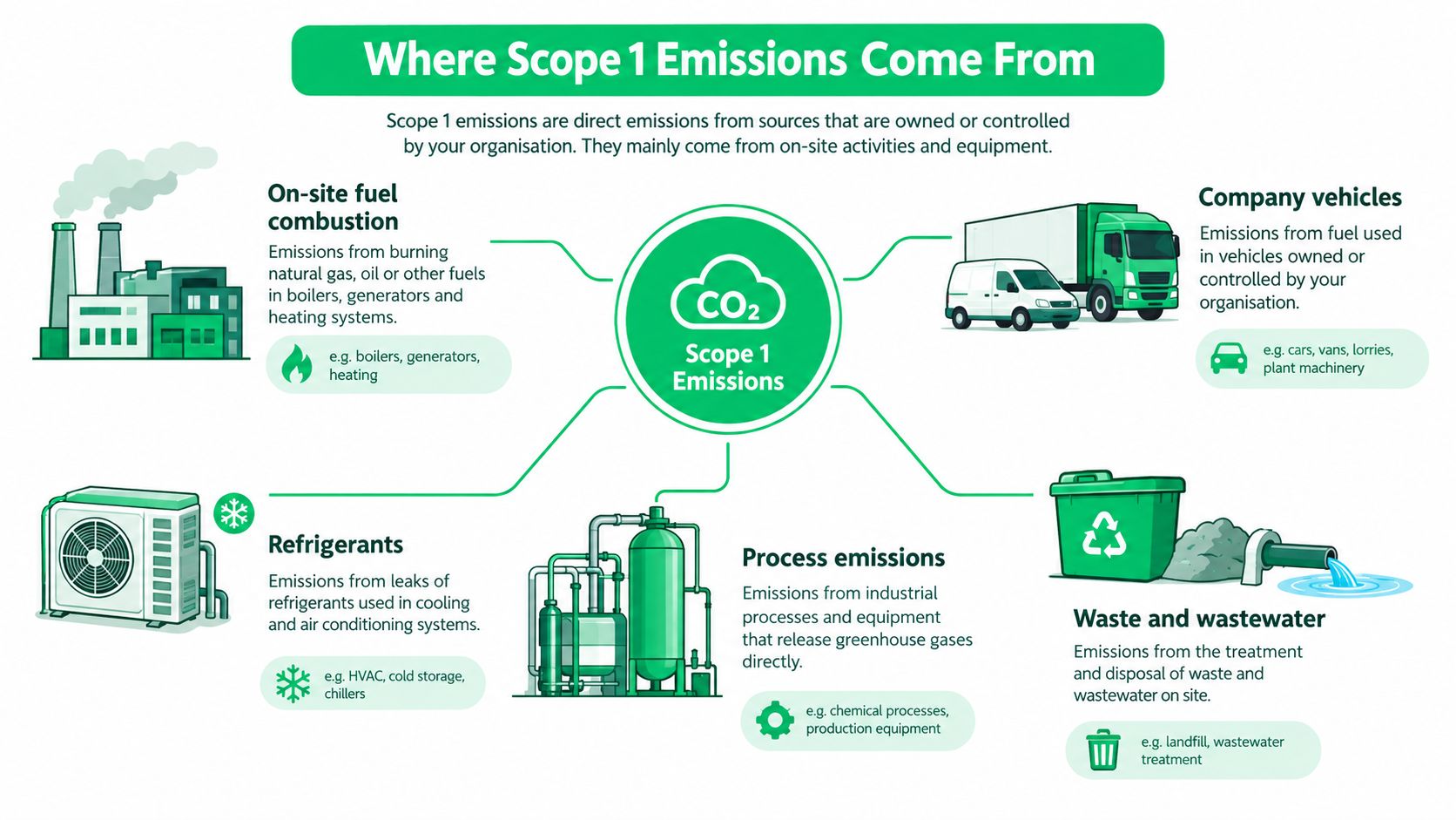 An infographic showing the four primary sources of Scope 1 emissions including fuel, vehicles, refrigerants, and waste.