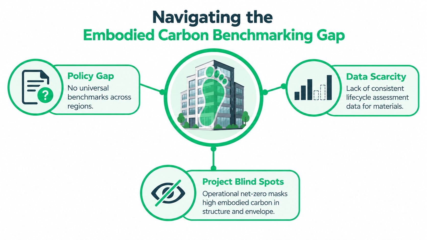 An infographic titled Navigating the Embodied Carbon Benchmarking Gap highlighting challenges like policy, data, and project blind spots.