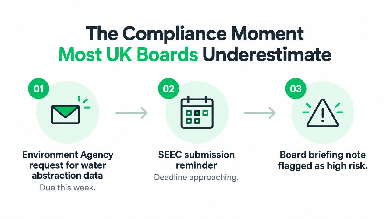 A three-step infographic showing the timeline of an Environment Agency water abstraction data request process.