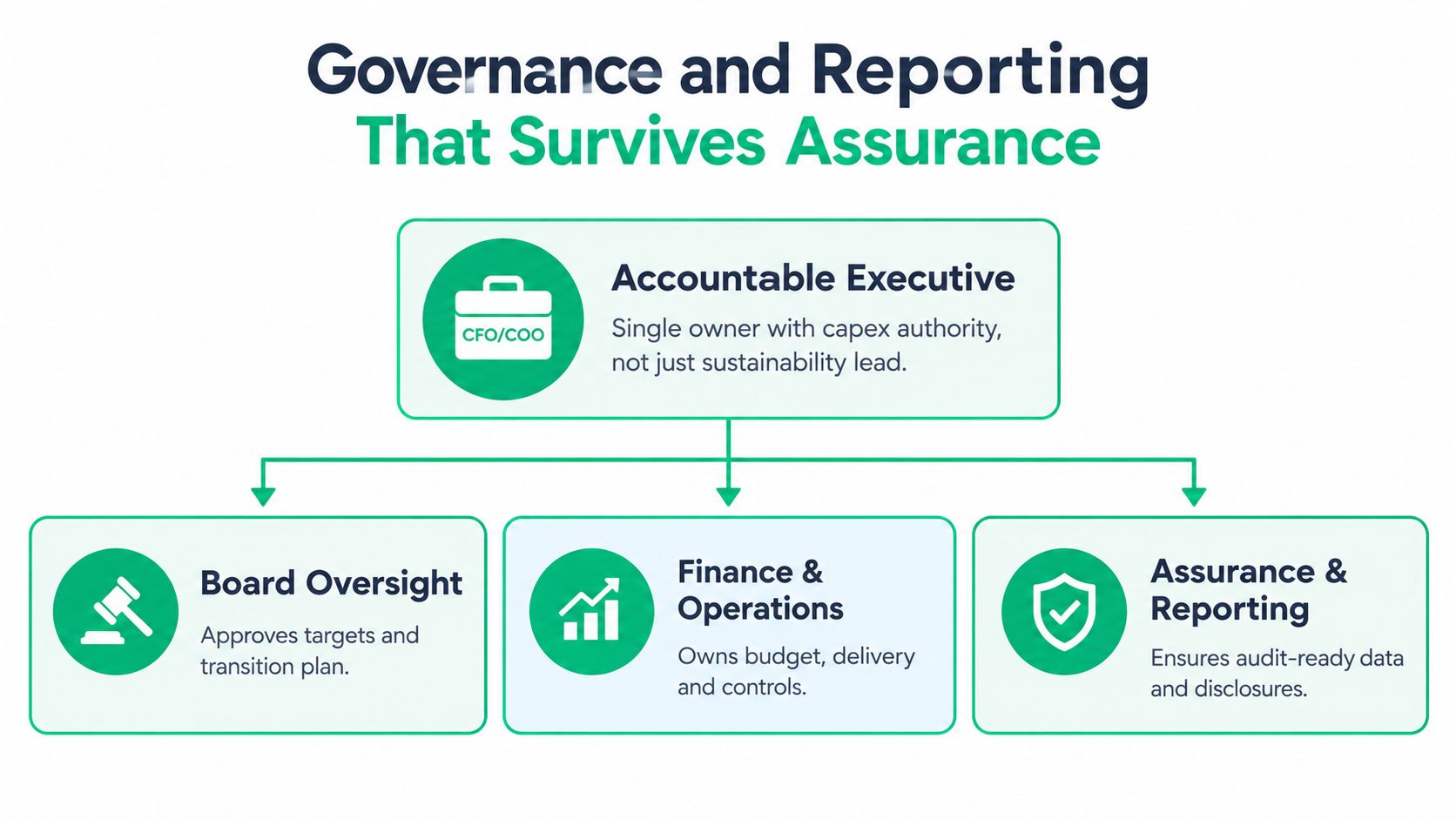 A diagram illustrating the essential governance and reporting structure for a robust decarbonisation strategy and corporate sustainability.