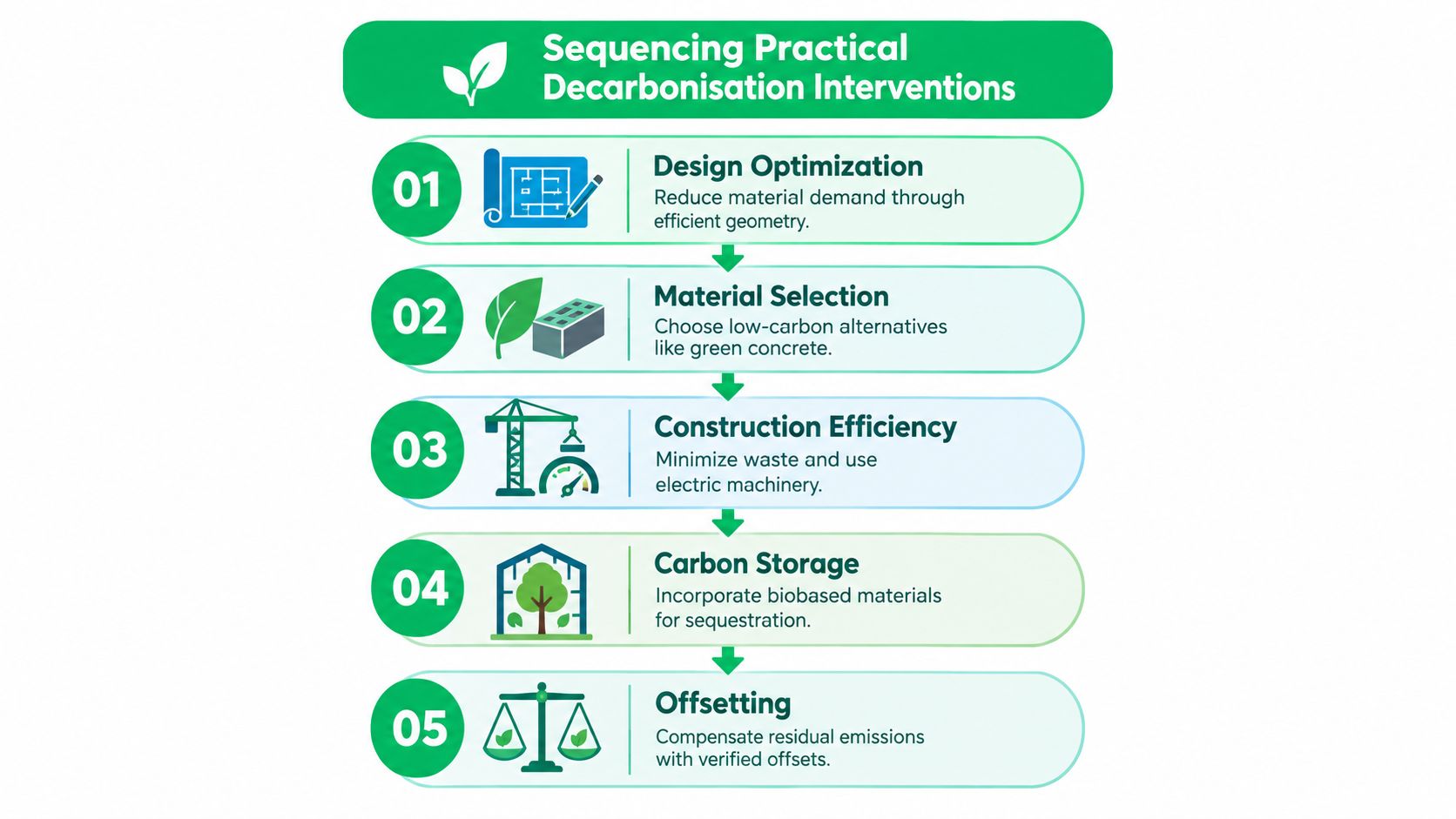 A flowchart infographic titled Sequencing Practical Decarbonisation Interventions showing five steps to reduce carbon in construction.