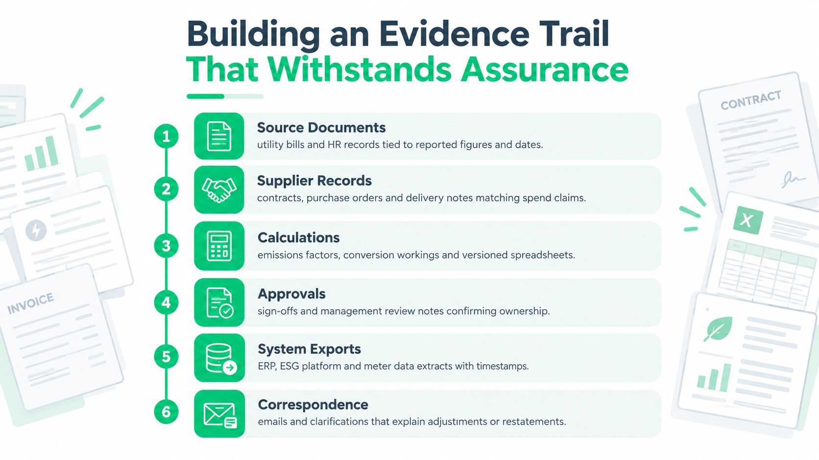 A diagram outlining six essential steps for building a reliable evidence trail for sustainability audit reporting.
