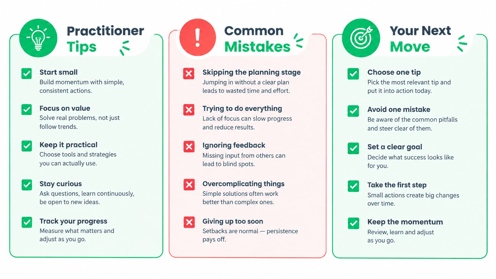 A graphic featuring practitioner tips, common mistakes, and your next move for business strategy improvement.