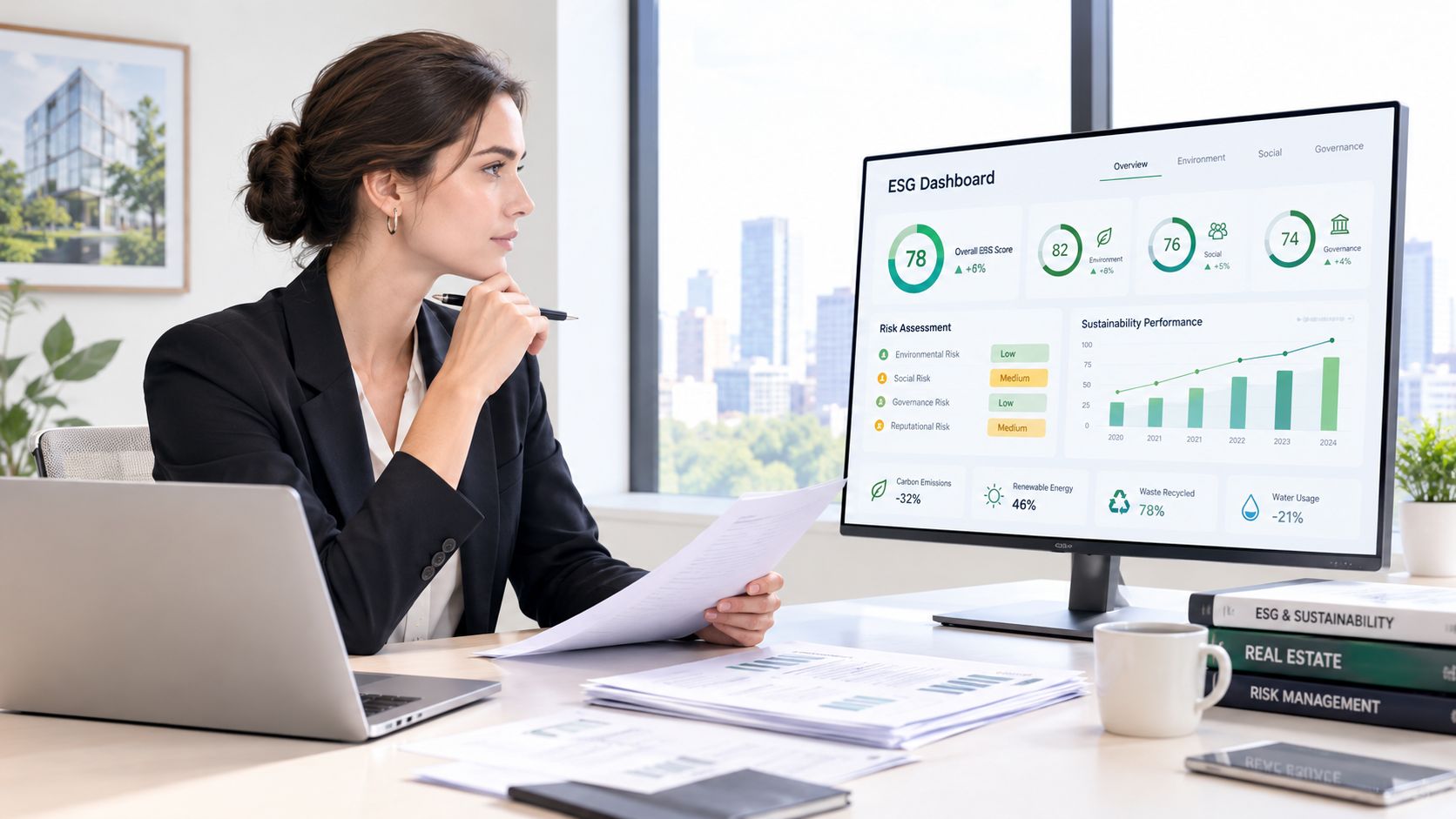 A professional woman in a business suit reviewing ESG data on a computer dashboard in an office.