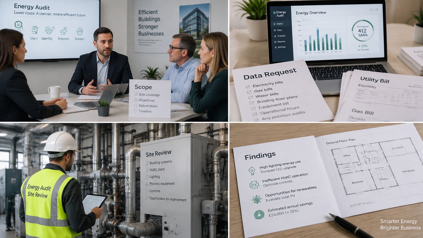 A professional team conducting an energy audit services review with data analysis and site inspection steps displayed.