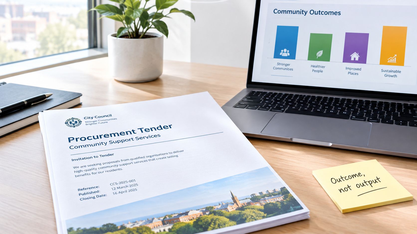 A professional desk setting featuring a city council procurement tender document alongside a laptop displaying community outcomes.