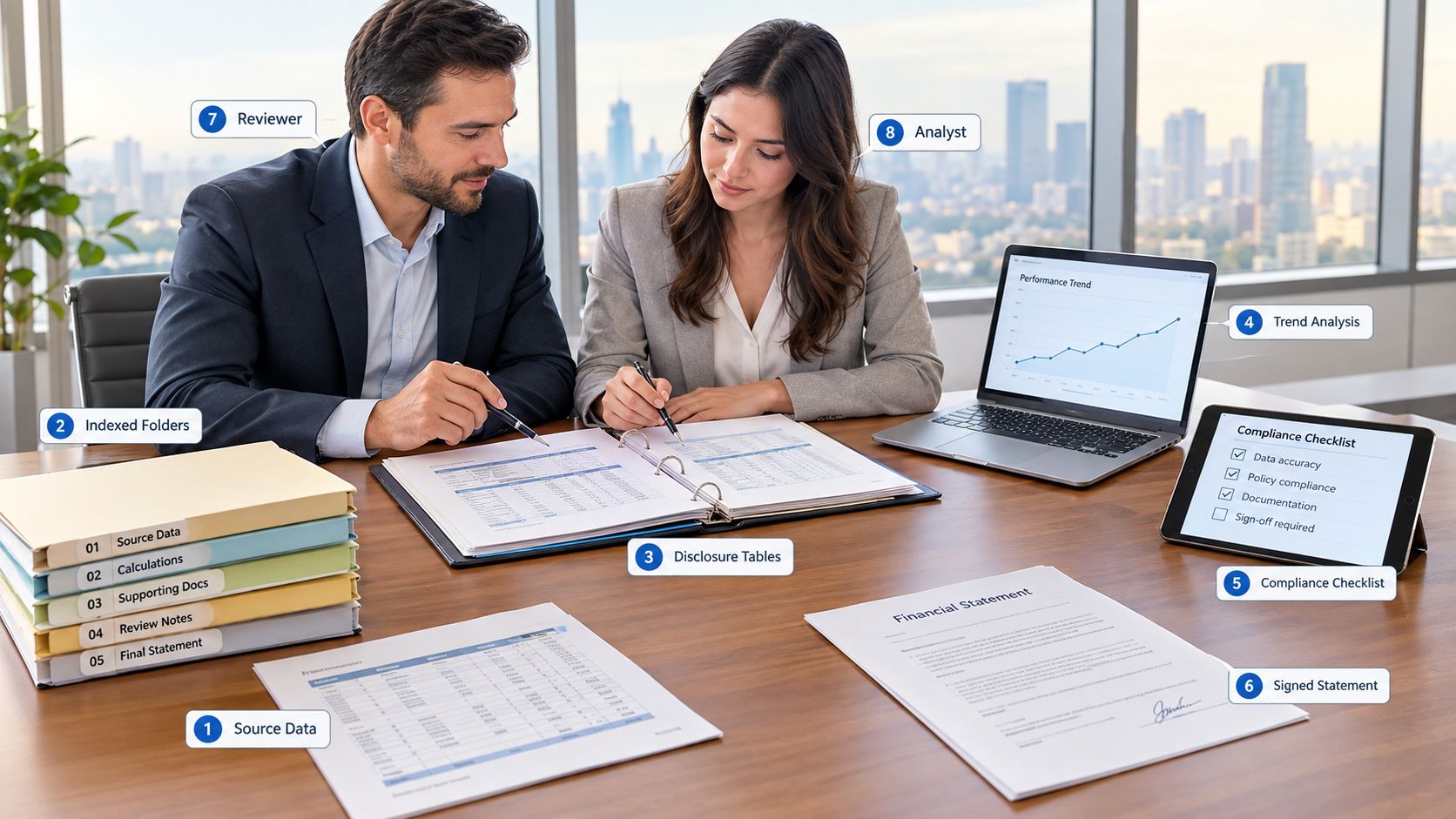 A professional man and woman collaborating on financial disclosure documents and esg reporting in a modern office.