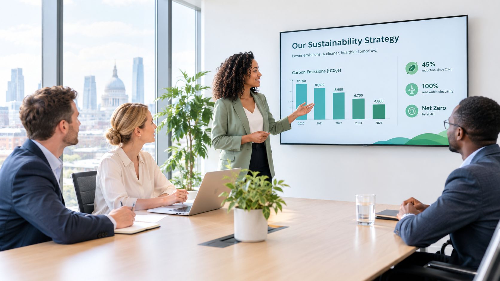 A professional woman presenting a sustainability strategy to colleagues in a modern office meeting room.