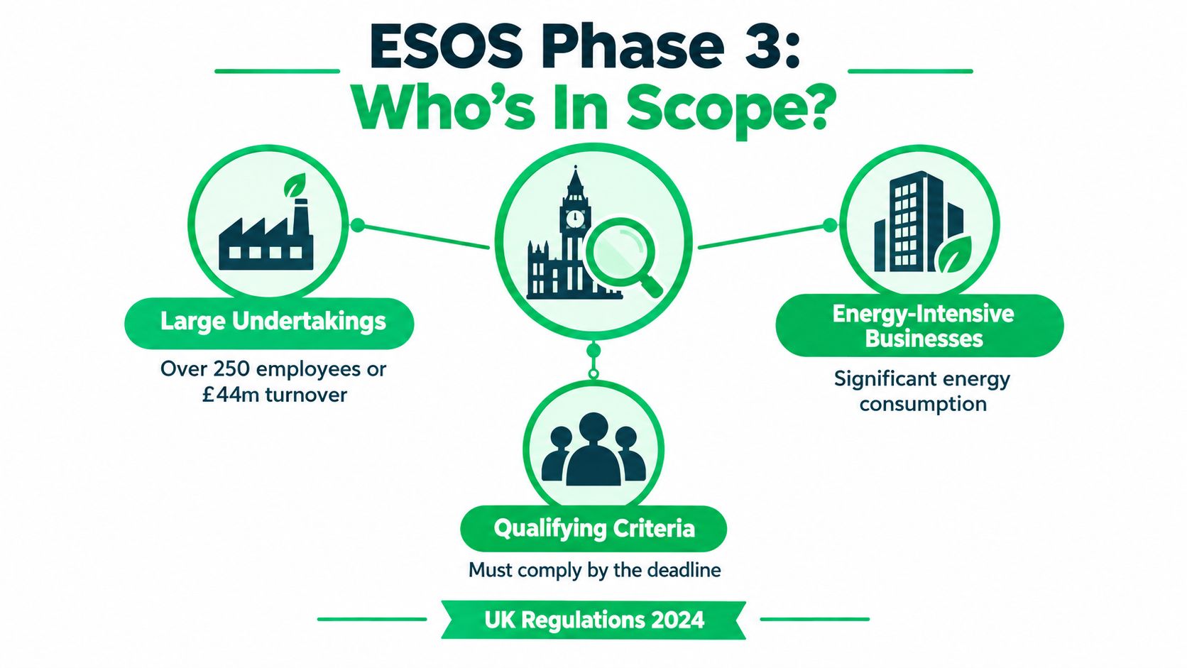 An infographic showing ESOS Phase 3 scope requirements for large undertakings and energy-intensive businesses in 2024.