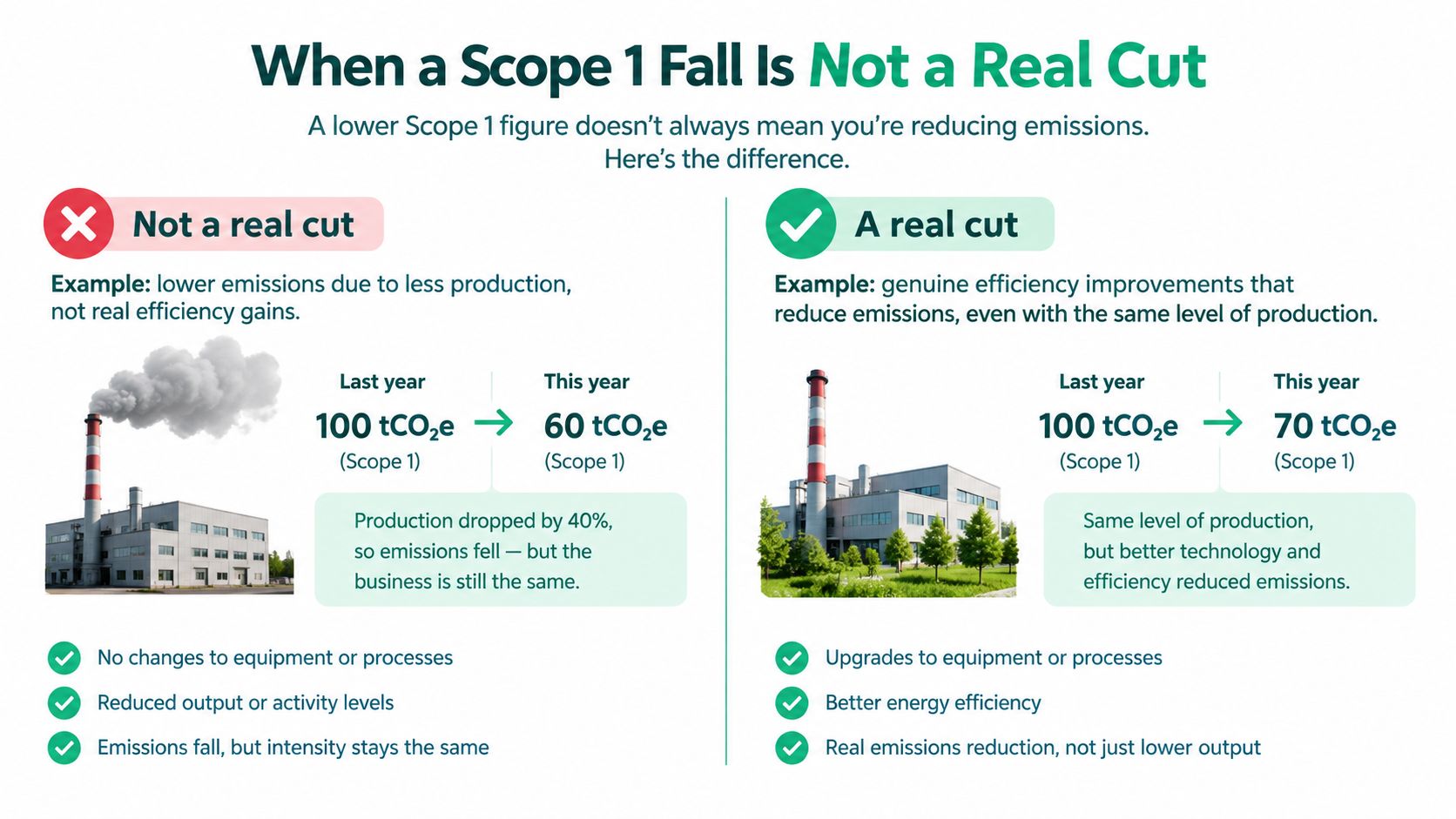 An infographic comparing a false decline in Scope 1 emissions due to lower production versus a real reduction.