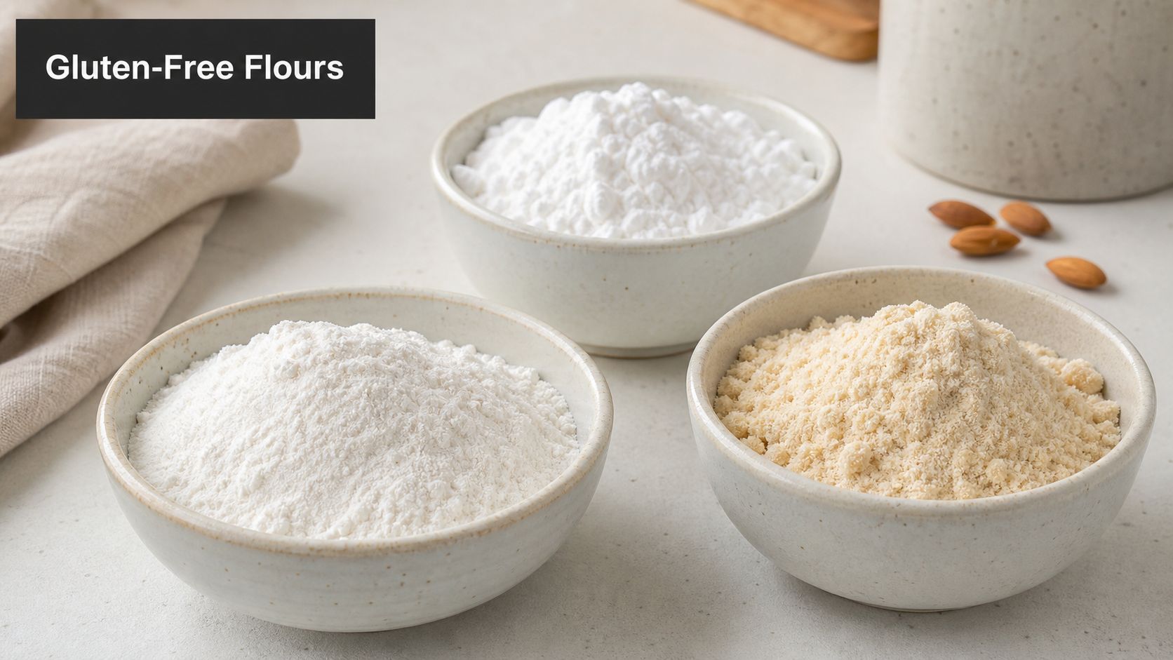 Three bowls filled with different types of white and almond gluten-free flours on a textured surface.