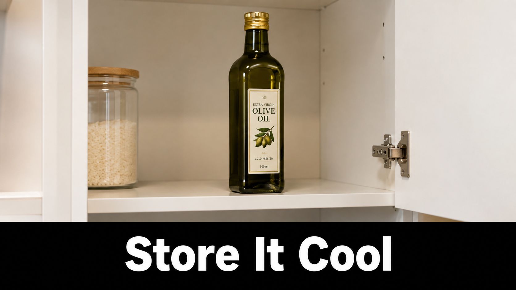 A clear glass jar filled with grains and a bottle of extra virgin olive oil inside a cabinet.