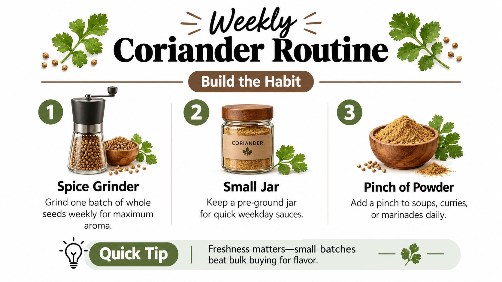 An infographic illustrating a three-step weekly routine for processing and using fresh ground coriander seeds.