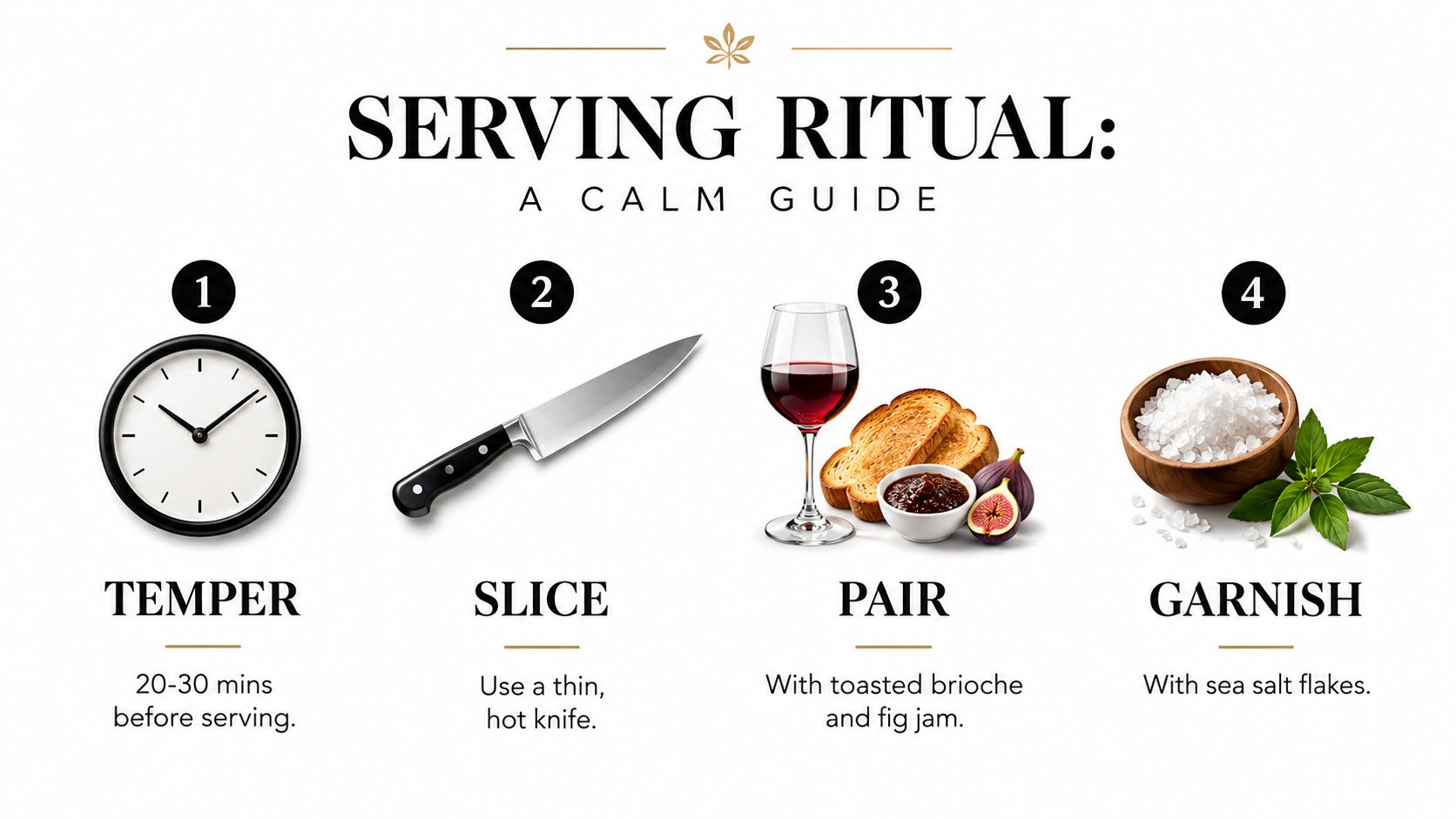 An infographic titled Serving Ritual showing four steps to prepare and serve a gourmet food product.
