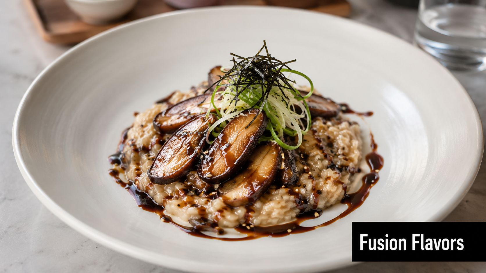 A gourmet dish of mushroom risotto drizzled with dark soy sauce reduction, garnished with shredded seaweed and scallions.