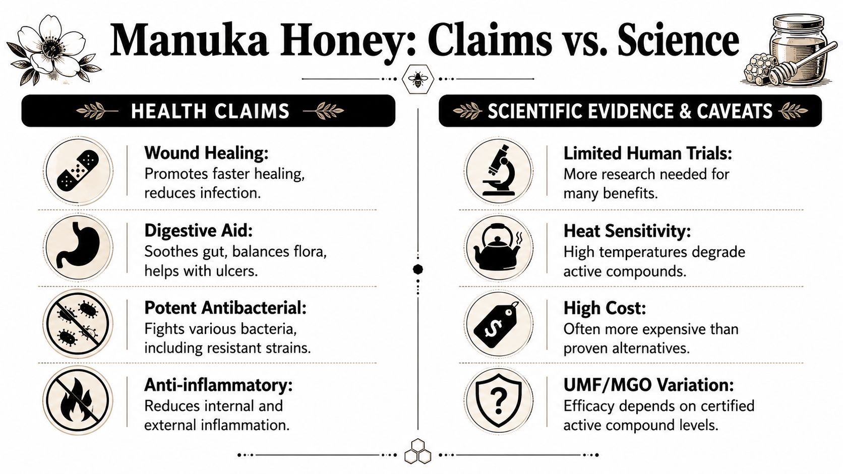 An infographic titled Manuka Honey: Claims vs. Science comparing health benefits with scientific evidence and caveats.