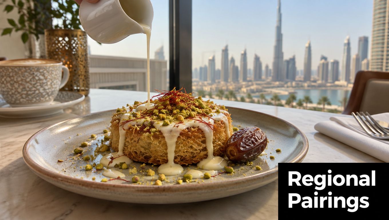 A luxurious Kunafa dessert served with white chocolate syrup and a date, overlooking the Dubai skyline.