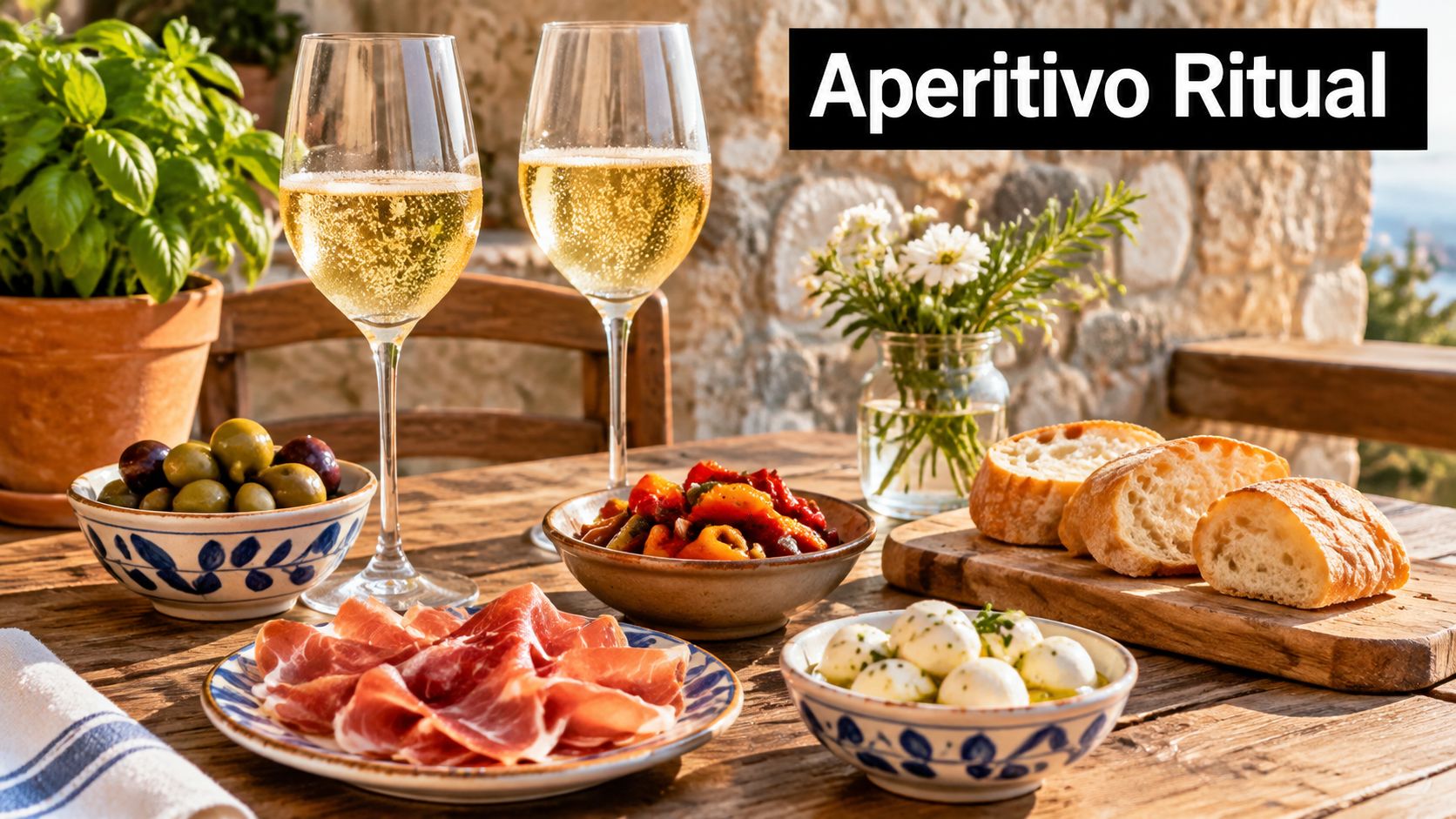 A rustic outdoor table set for an aperitivo with wine, prosciutto, fresh mozzarella, olives, and bread.