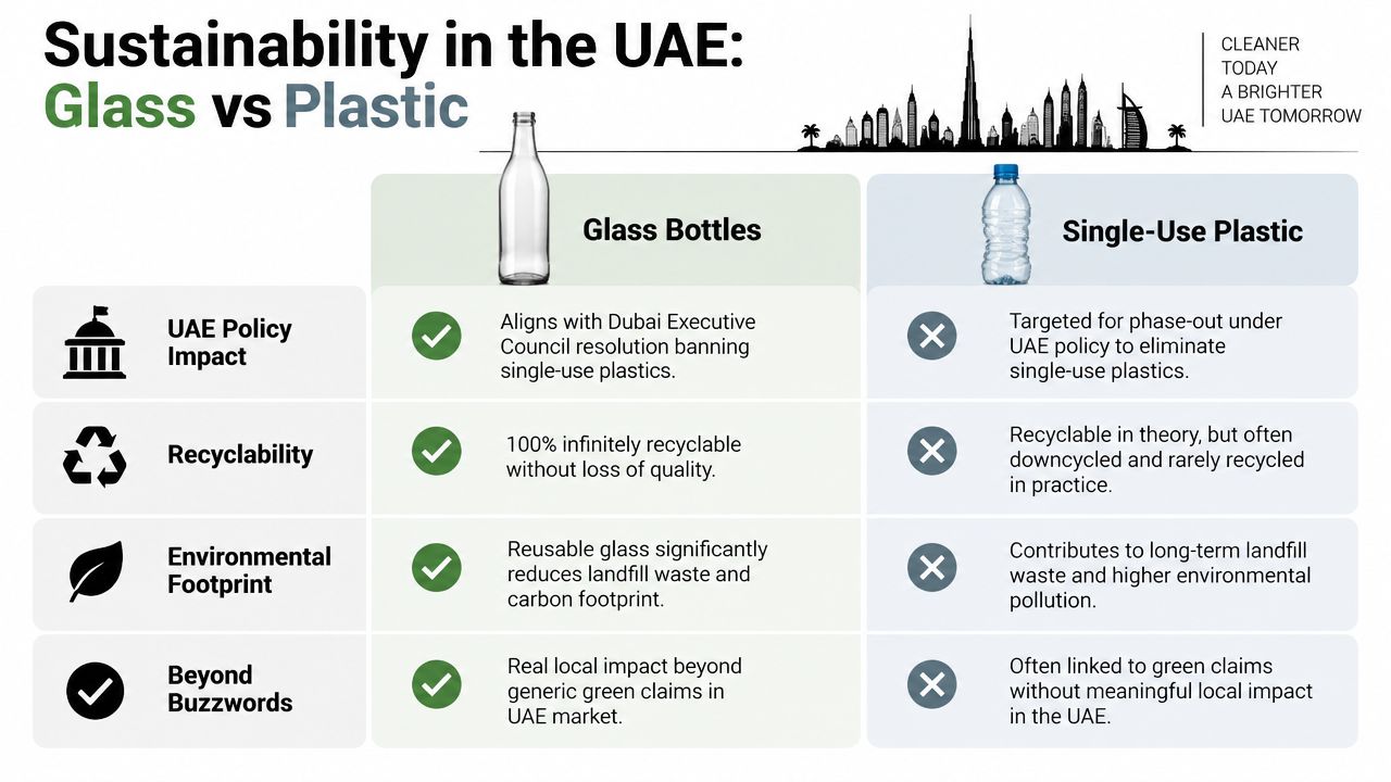 A comparison chart showing benefits of glass bottles versus single-use plastic bottles in the UAE.