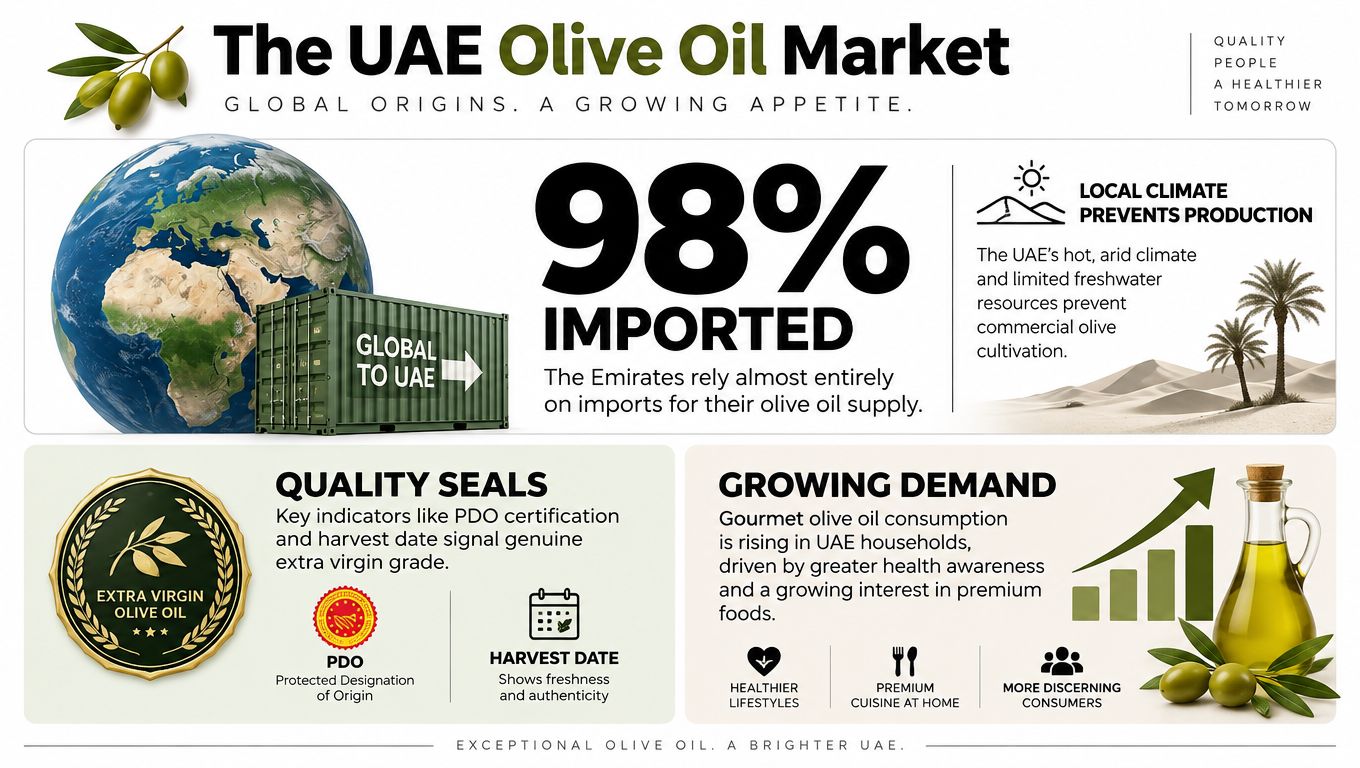 An infographic titled The UAE Olive Oil Market showing that 98 percent of supply is imported.