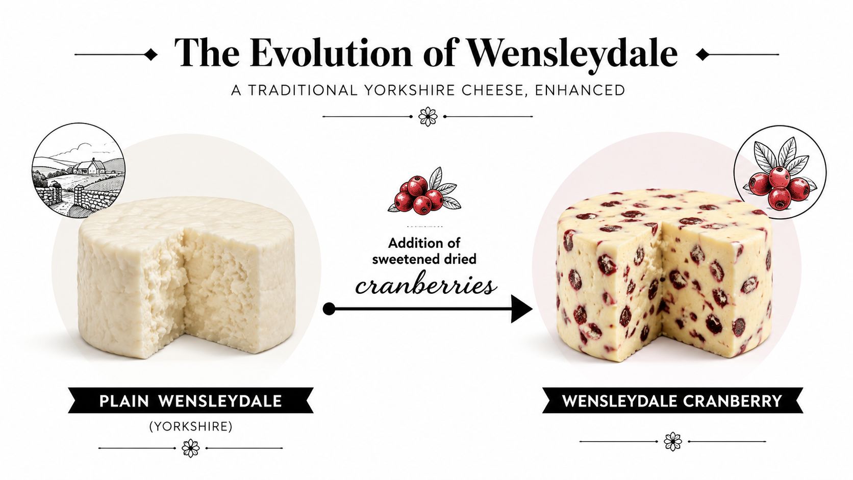 An infographic showing the evolution of plain Yorkshire Wensleydale cheese into Wensleydale cranberry cheese.