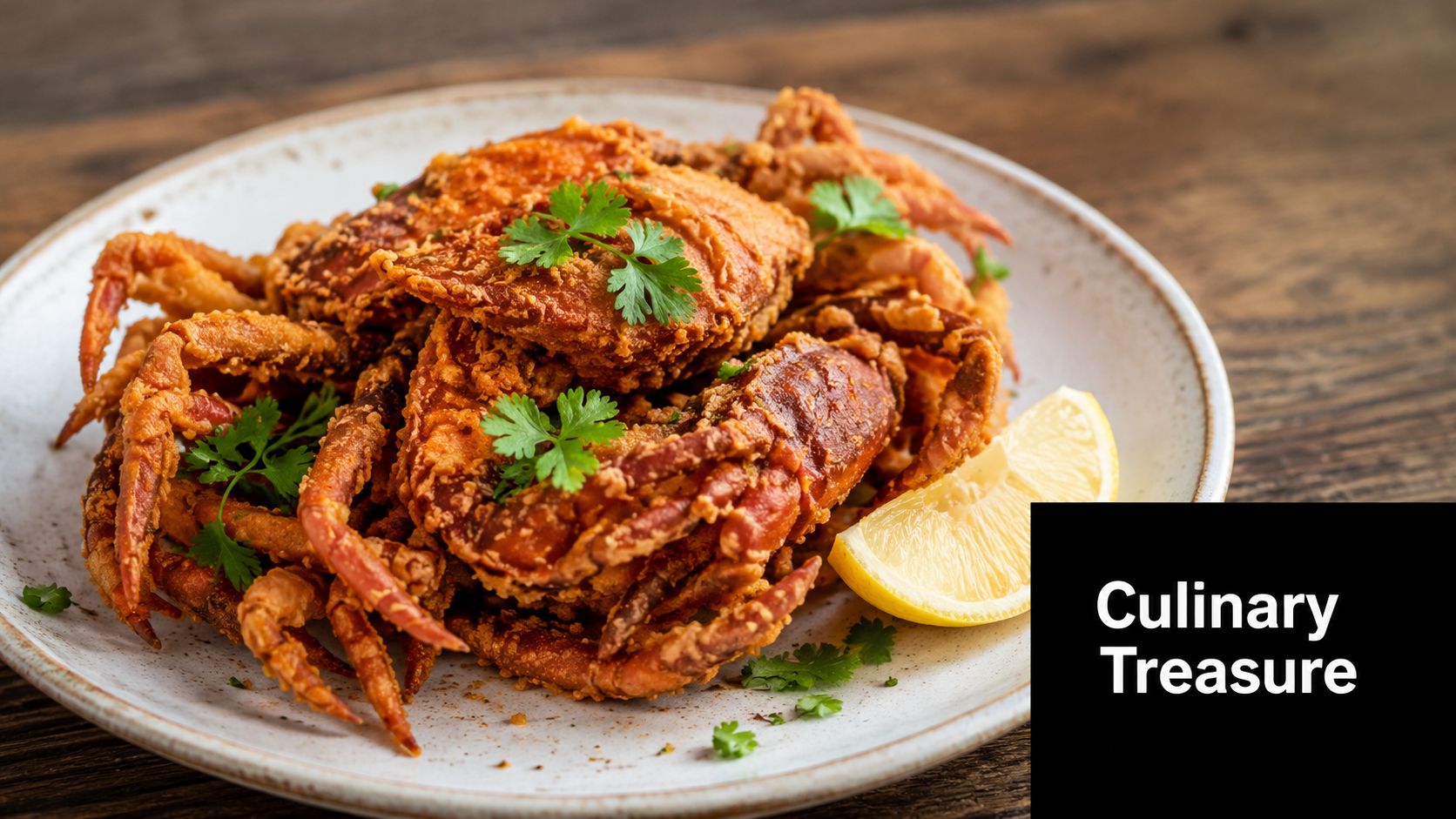 A plate of crispy golden-brown fried soft shell crabs garnished with fresh cilantro and a lemon wedge.