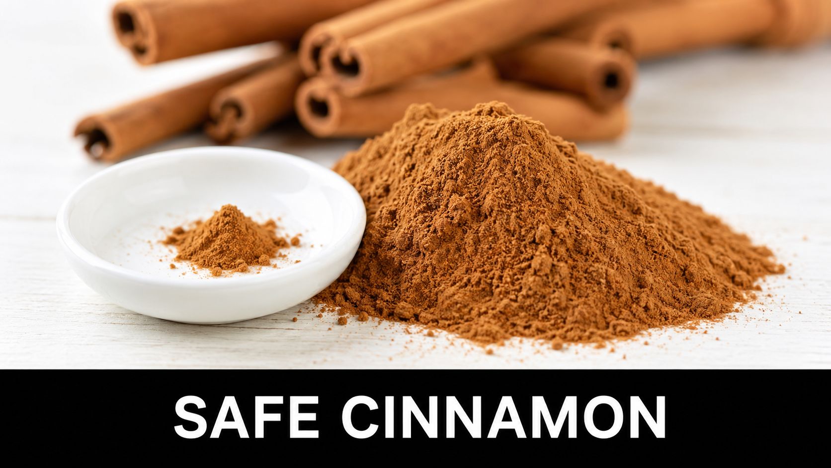 A pile of ground cinnamon powder next to a white bowl containing a small amount of cinnamon.