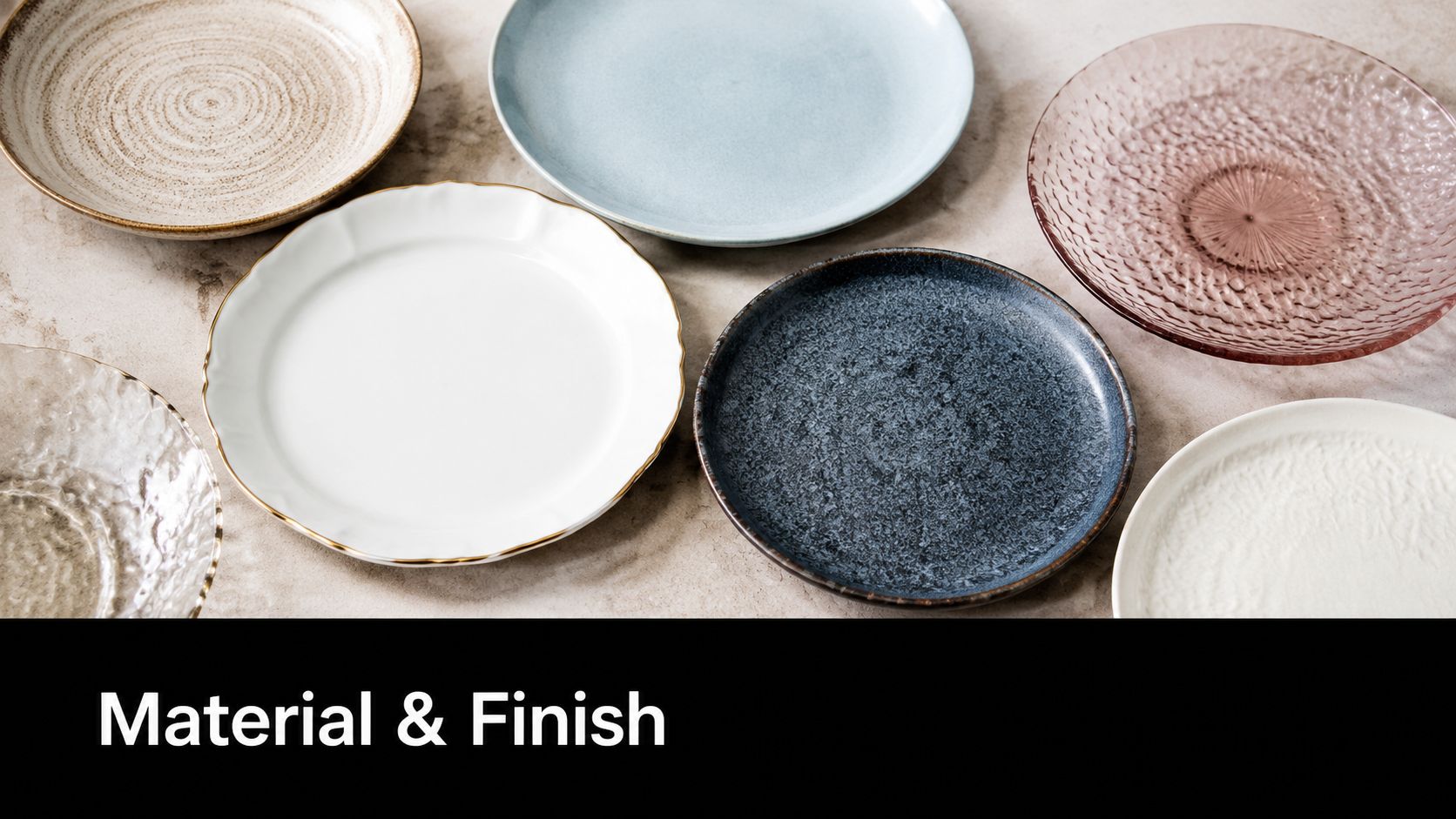 A top-down view of six diverse plates with different colors, textures, and finishes on a stone background.