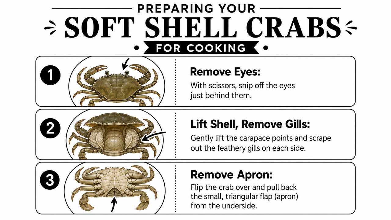 A three-step instructional graphic demonstrating the proper way to clean and prepare fresh soft shell crabs.
