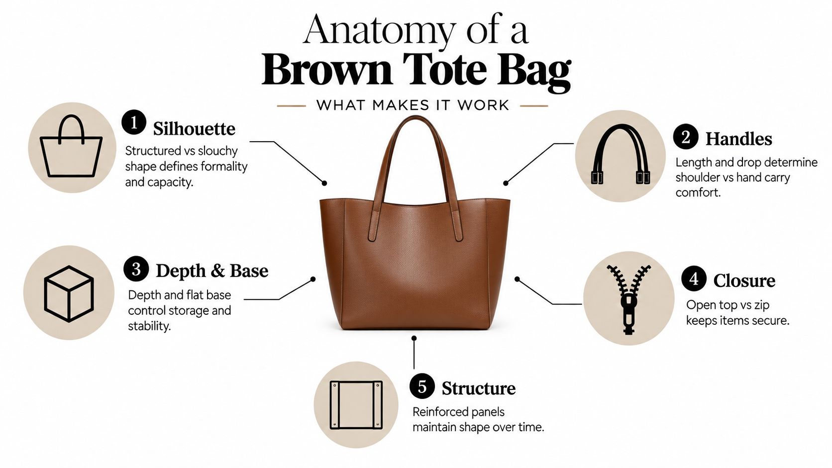 An infographic detailing the key anatomical features and design elements of a brown leather tote bag.