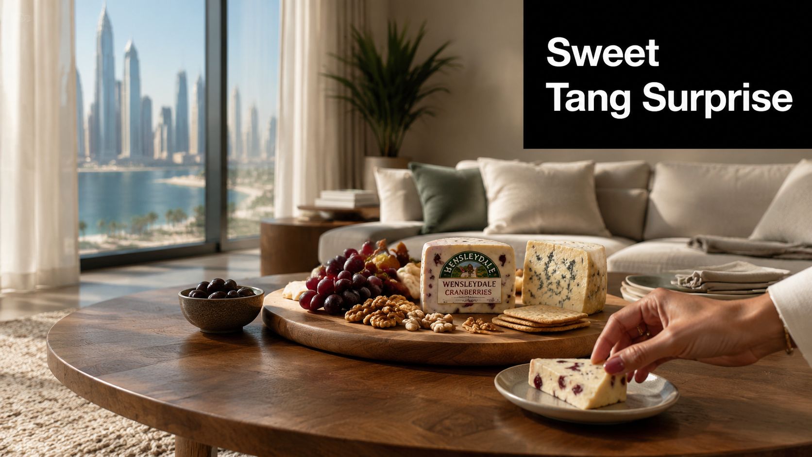A hand places a piece of Wensleydale cranberry cheese onto a plate next to grapes and walnuts.